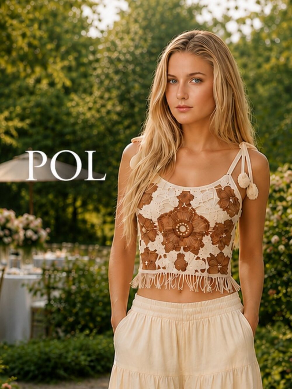 POL Boho Fringe Crochet Florals Beaded Tie Strap Rustic Colors Gypsy Top